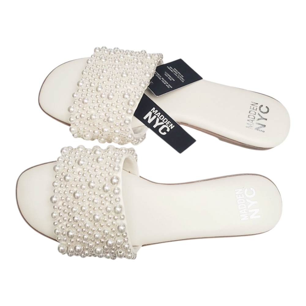 Madden NYC  Pearl Slide Flat Sandals Shoes Embellished Womens Size 10 In Cream